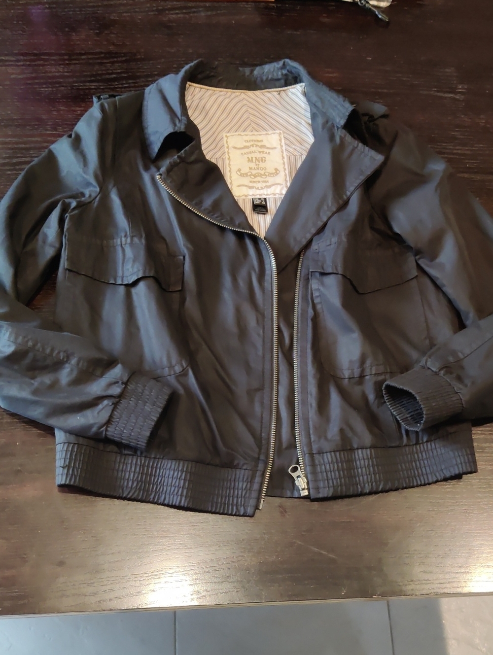 Mango Women's Dark Black Zip-Up Bomber Jacket